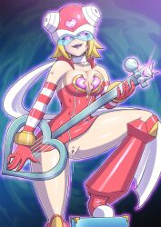  blonde_hair breasts capcom corruption evil_smile female_only femsub glowing glowing_eyes harp_note large_breasts megaman_(series) megaman_star_force purple_eyes pussy pussy_juice short_hair smile solo sonia_strumm 