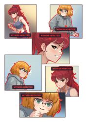 brown_eyes chien_vietnam comic glasses green_eyes orange_hair original ponytail red_hair text