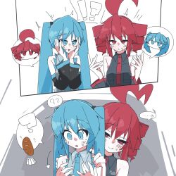  ahoge blue_eyes blue_hair blush body_swap confused eyebrows_visible_through_hair heart miku_hatsune oreuta_(t2e1o1sub) red_eyes red_hair skirt smile surprised sweat teto_kasane tie twintails utau vocaloid 