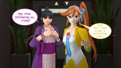 3d ace_attorney angry athena_cykes black_hair breasts clothed comic dialogue female_only femsub long_hair maya_fey open_mouth orange_hair ponytail ribbon skirt source_filmmaker standing supercasket text