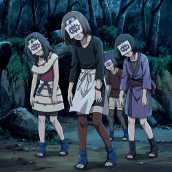    ai_art anko_mitarashi clothed expressionless female_only femsub forest headband kurenai_yuhi leggings naruto_(series) night rin_nohara sandals shizune thighhighs 
