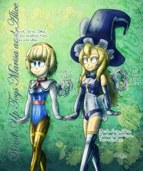 alice_margatroid ameerashourdraws bangs blonde_hair blue_eyes boots bow_tie dollification empty_eyes eyebrows_visible_through_hair fembot femsub hair_band happy_trance latex long_hair mantra marisa_kirisame short_hair smile standing standing_at_attention text touhou wind-up_key witch witch_hat yellow_eyes