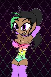  aged_up ahoge alternate_costume arms_above_head black_hair breasts choker cleavage costume dark_skin eye_color_change femsub green_hair happy_trance hypnoscream large_breasts malamar_outfit multicolored_hair nemona_(pokemon) nintendo pokemon pokemon_legends_z-a pokemon_scarlet_and_violet pokemon_x_and_y ponytail purple_eyes smile solo thighhighs thighs 