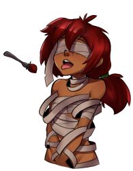  blindfold blush breasts cosplay dark_skin female_only femsub food freckles halloween malberrybush malyna_(malberrybush) midriff mummy navel open_mouth original ponytail red_hair small_breasts text tongue tongue_out white_background 