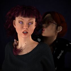 3d catsuit empty_eyes expressionless female_only femdom femsub freckles glasses lasci_me multicolored_eyes open_mouth original poser purple_hair red_hair sweater