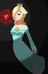  absurdres blonde_hair blue_eyes clothed crown dazed dress drool earrings empty_eyes esbypno female_only femsub glowing hair_covering_one_eye hypnotic_object long_hair nintendo open_mouth princess princess_rosalina solo super_mario_bros. 