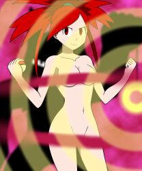 bottomless breasts censored female_only femsub flannery large_breasts navel nintendo nude pokeball pokemon pokemon_ruby_sapphire_and_emerald red_eyes red_hair sendy1992 short_hair smile solo standing topless 