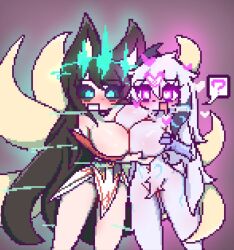  ahri animal_ears blush bottomless breast_grab breasts character_request confused control_indicator drool femsub furry glowing glowing_eyes heart_eyes large_breasts league_of_legends mallangtteog multiple_girls multiple_subs multiple_tails nude open_mouth pixel_art ruination shadove symbol_in_eyes symmetrical_docking tail topless very_long_hair 