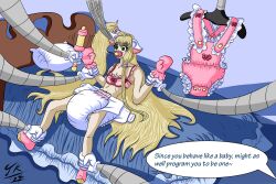 age_regression blonde_hair bra chi_(chobits) chobits diaper djkazoo expressionless female_only femsub gloves long_hair pacifier poofy_diaper rattle robot solo text underwear