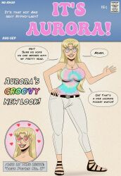aurora_(jabberwocky) blonde_hair blue_eyes breasts collarbone comic femsub glasses happy_trance heart heart_eyes jeans large_breasts necklace original polmanning smile symbol_in_eyes tank_top text