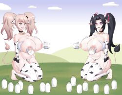  absurdres barefoot bell bell_collar black_hair blonde_hair blush bottle breast_grab breasts collar cow_girl cow_print cowbell cuffs dangan_ronpa fake_animal_ears female_only femsub gloves grey_eyes groping happy_trance high_school_dxd horns huge_breasts jcdr junko_enoshima kneeling lactation large_breasts long_hair milk milking navel nipples open_mouth pink_eyes serafall_leviathan simple_background spiral_eyes symbol_in_eyes tail thighhighs twintails 
