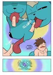  androgynous androgynous_dom brown_hair comic drool erection feger23 fellatio happy_trance malesub nintendo one_eye_open oral penis phantom_penis pokemon pokemon_(creature) pokephilia short_hair size_difference text tongue tongue_out uncircumcised vaporeon 