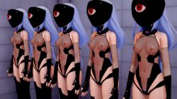3d bare_shoulders blue_hair boots breasts collar drone erect_nipples erect_nipples_under_clothes female_only femsub fingerless_gloves fishnets gloves koikatsu! leotard long_hair mask multiple_girls multiple_subs navel nipples opera_gloves pubic_hair see-through standing standing_at_attention thigh_boots thighhighs wwww.