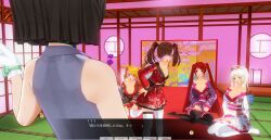 3d black_hair blonde_hair blue_eyes breasts brown_hair curly_hair dialogue female_only green_eyes kamen_writer_mc kimono large_breasts mc_trap_town multiple_girls ponytail red_eyes red_hair rina_(mc_trap_town) screenshot short_hair text translated twintails white_hair
