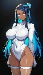 ai_art black_background drone expressionless female_only femsub long_hair mcdaisukimen_(generator) multicolored_hair nessa_(pokemon) nintendo pokemon pokemon_sword_and_shield simple_background solo white_eyes