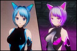  3d alternate_color_scheme alternate_costume alternate_hair_color baldmen4 before_and_after blue_eyes blue_hair custom_maid_3d_2 dazed empty_eyes expressionless fake_animal_ears female_only femsub gloves hypnotic_gas looking_at_viewer open_mouth opera_gloves purple_eyes purple_hair short_hair solo static_eyes 