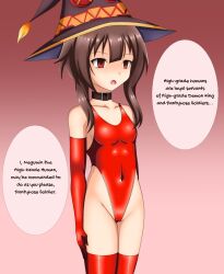  breasts brown_hair collar dialogue empty_eyes expressionless femsub gloves gradient_background haigure hard_translated hat kono_subarashii_sekai_ni_shukufuku_wo! leotard long_hair megumin_(konosuba) opera_gloves sansiki03 simple_background small_breasts speech_bubble standing standing_at_attention swimsuit text thigh_gap thighhighs witch_hat 