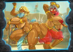  absurdres alternate_costume arms_above_head ass_rub bare_legs bare_shoulders bimbofication breasts breath_of_the_wild dancer dancing dark_skin darkhatboy electricity elf_ears eye_color_change female_only femdom femsub gerudo glasses hand_on_hip happy_trance harem_outfit huge_breasts jewelry legs makeela_riju midriff navel nintendo nipple_clamps nipples outdoors princess princess_zelda purah pussy red_hair royalty see-through short_hair skirt tears_of_the_kingdom the_legend_of_zelda thick_thighs thighs tongue tongue_out transformation veil white_hair yellow_eyes 
