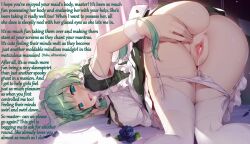  all_fours anus apron ass bed bedroom begging blue_eyes breasts caption cuffs empty_eyes femsub flower garter_straps ghost_girl green_hair happy_trance large_breasts long_hair lordixon_(manipper) maid maid_headdress manip miyase_mahiro open_mouth panties panty_pull possession pussy pussy_juice sanae_kochiya smile solo spread_pussy text thighhighs top-down_bottom-up touhou underwear 