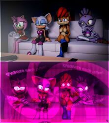amy_rose ari_is_very_sad_(artist) blaze_the_cat brown_hair clothed furry hypnotic_audio hypnotic_screen pink_eyes pink_hair pink_light purple_hair red_hair rouge_the_bat sally_acorn sonic_the_hedgehog_(series) white_hair