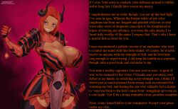 armor breasts caption caption_only cleavage dark_skin demon_girl evil_smile female_only femdom gauntlets glowing horns huge_breasts jewelry kainkout large_breasts looking_at_viewer manip monster_girl nobody67_(manipper) pov pov_sub purple_eyes red_hair short_hair smile solo text thighhighs