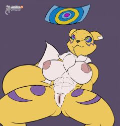 abs arashidrgn bottomless breasts digimon drool female_only femsub fox_girl furry happy_trance hypnotic_screen kaa_eyes large_breasts nude pussy renamon ring_eyes solo spread_legs tail topless