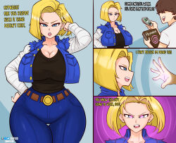 absurdres android_18 angry blonde_hair blue_eyes brown_hair cleavage clothed collarbone comic dialogue dragon_ball dragon_ball_z drevod femsub glowing glowing_eyes hand_on_hip huge_breasts huge_hips jacket jeans maledom multicolored_eyes open_mouth pink_eyes sequence shirt short_hair simple_background spiral_background text thigh_gap