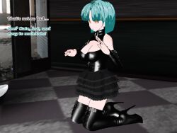3d boots cleavage corset cyan_hair fingerless_gloves flamekin ghost_girl gothification high_heels large_breasts leather possession short_hair skirt text transgender yellow_eyes