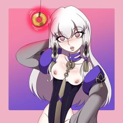  arm_warmers bare_breasts bare_shoulders border clothed_exposure coin exposed_chest fire_emblem fire_emblem_three_houses glass_glaze hand_on_hip lysithea_von_ordelia nintendo nipples pendulum posing spiral_eyes tagme tie 