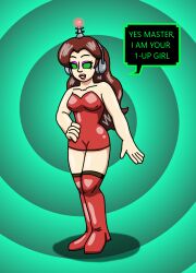 antenna breasts brown_hair dress erect_nipples female_only fembot femsub green_eyes happy_trance headphones hypnotic_accessory large_breasts latex leotard long_hair makeup maledom nintendo pauline robotization smile solo spiral_eyes super_mario_bros. super_mario_odyssey supertechno324 symbol_in_eyes tech_control text thighhighs