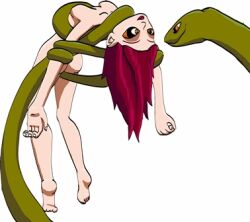 barefoot bondage bottomless breasts coils crossed_eyes happy_trance hypnotic_eyes kaa_eyes limp nude red_hair simple_background small_breasts snake topless white_background