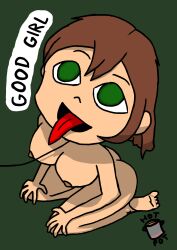 ass barefoot bottomless breasts brown_hair empty_eyes feet femsub good_sub_conditioning green_background green_eyes hotpot kneeling leash light_skin long_hair nipples nude open_mouth original pet_play signature text tongue tongue_out topless