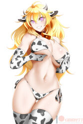 bikini_bottom bikini_top blonde_hair blush breast_fondling breasts cleavage cow_girl cow_print cowbell fake_animal_ears female_only femsub glowing glowing_eyes happy_trance heart heart_eyes holding_breasts horns huge_breasts kimmy77 large_hips long_hair looking_at_viewer manip misterman4_(manipper) rwby smile spiral_eyes swimsuit symbol_in_eyes tagme thighhighs yang_xiao_long