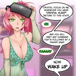 breasts cleavage comic crystal_(zko) cyoa drool femsub glowing_eyes large_breasts lingerie original pink_hair sleep_command tech_control text trigger visor zko