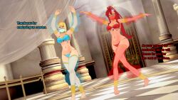3d alternate_costume ambiguous_pov androgynous_dom arm_warmers arms_above_head barefoot blonde_hair breasts clothed crossover dancer dancing dialogue english_text eye_color_change femsub green_sclera gurren_lagann harem harem_outfit large_breasts long_hair metroid_(series) midriff navel nintendo ponytail red_hair samus_aran sonrio12 text thighhighs thighs veil very_long_hair yoko_littner