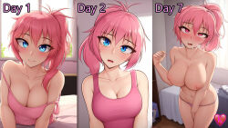  ai_art before_and_after blue_eyes blush breasts cleavage clothed collarbone confused crystal_(zko) dazed drool exposed_chest expressionless femsub looking_at_viewer open_mouth original panties pink_hair ponytail sequence smile standing tech_control text topless underwear 