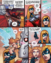 adam_warren blonde_hair bodysuit breasts cape capitan_rivet cleavage collar comic elf_ears empowered empowered_(series) english_text femdom femsub gloves glowing_eyes heart high_heels hypnotic_kiss hypnotized_hypnotist kissing large_breasts lipstick long_hair makeup malesub mask mechanismo memetic_control multiple_boys multiple_girls multiple_subs official orange_hair robot robotization ryan_kinnaird seraphina_(empowered) sleeping speech_bubble super_hero sweat tech_control text thighhighs tight_clothing whitewash_eyes wings