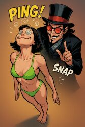 ai_art barefoot beard bikini bikini_bottom bikini_top black_hair clothed collarbone feet femsub fortunadoe_(generator) glasses happy_trance hat instant_loss magician maledom navel ping short_hair smirk spiral_eyes standing standing_at_attention text