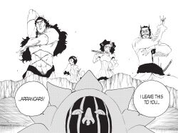  bleach charlotte_chuhlhourne cirucci_sanderwicci closed_eyes clothed dialogue dordoni_alessandro_del_socaccio english_text face_paint long_hair luppi_antenor mayuri_kurotsuchi multiple_boys multiple_girls official scar short_hair sword text weapon zombie 