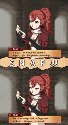  absurdres altered_common_sense amnesia anna_(fire_emblem) before_and_after bubble clothed dazed dialogue drool empty_eyes esbypno female_only femsub finger_snap fire_emblem fire_emblem_fates gameplay_mechanics nintendo open_mouth ponytail red_eyes red_hair standing text 