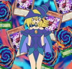 blonde_hair dark_magician_girl evil_smile femsub hat liquidphazon parasite parasite_fusioner smile standing standing_at_attention text yu-gi-oh! yu-gi-oh!_arc-v