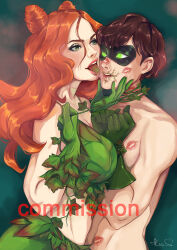  batman_(series) breasts brown_hair collarbone dc_comics eye_mask eyeshadow femdom gloves glowing_eyes green_eyes hair_buns hand_on_another&#039;s_cheek happy_trance kirass3 licking lipstick_mark malesub orange_hair pheromones poison_ivy restrained robin signature simple_background super_hero text tongue tongue_out topless vines watermark western 