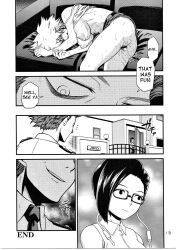 ass blush bottomless breasts breasts_outside censored comic cum cum_in_pussy cum_on_body dialogue drool erect_nipples evil_smile femsub glasses greyscale heterosexual hitoshi_shinso large_breasts maledom mika_jiro mitsuki_bakugo my_hero_academia open_clothes open_mouth pussy skirt skirt_lift smile sweat tank_top text