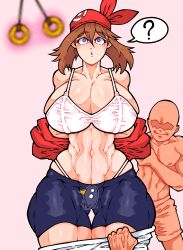  abs bandana bidul bra brown_hair confused femsub maledom may multiple_boys multiple_doms muscle_girl nintendo pendulum pink_eyes pokemon pokemon_ruby_sapphire_and_emerald short_hair simple_background underwear undressing white_background 
