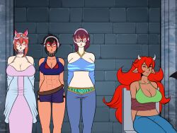 allison_(argonis) black_hair cartoon_network chair dark_skin female_only gemna_(mezz+pokemongirl) glowing_eyes headphones katsiika large_breasts long_hair purple_hair red_hair resisting scooby-doo_(series) scooby-doo_and_the_ghoul_school short_hair spade_(jimlogan54) standing_at_attention viltai_(viltai)