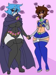 absurdres alien alien_girl blue_hair boots breasts brown_hair bulge cape cosplay dc_comics femsub happy_trance heart heart_eyes large_breasts leotard lordebonfuze malesub multiple_subs open_mouth original raven short_hair spiral starfire super_hero symbol_in_eyes teen_titans thigh_boots