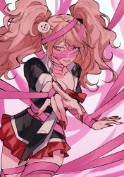  bibon_(boileddangan) bondage breasts cleavage clothed crossover dangan_ronpa dangan_ronpa_trigger_happy_havoc eye_color_change femsub hair_ornament junko_enoshima limbus_company living_costume long_hair looking_at_viewer nail_polish non-binary non-binary_dom orange_hair pink_eyes pink_shoes_(limbus_company) possession ribbon ribbon_bondage ring_eyes shirt skirt twintails 