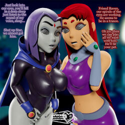  3d bare_legs bare_shoulders blender cloak dc_comics dialogue erect_nipples_under_clothes female_only femdom grey_skin hypnotic_eyes large_breasts leotard looking_at_viewer midriff multiple_doms multiple_girls open_mouth orange_skin pov pov_sub purple_hair raven red_hair signature spiralwash_eyes starfire super_hero supercasket tan_skin teen_titans text western 