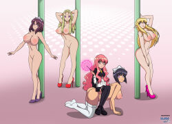  absurdres all_fours black_hair blonde_hair bottomless breasts brown_hair cleavage dlobo777 elf elf_ears empty_eyes female_only femdom femsub happy_trance harem henrietta_de_tristan high_heels human_furniture large_breasts long_hair looking_at_viewer louise_francoise_le_blanc_de_la_valliere magic magic_wand montmorency multiple_girls navel nude open_mouth pink_hair pole_dancing pussy short_hair siesta simple_background socks the_familiar_of_zero thighhighs tiffania_westwood topless 