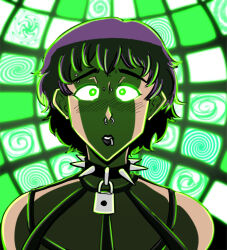 choker emilia_(msmith322) female_only femsub glowing_eyes green_eyes hypnotic_screen majinsfw piercing solo spiral tagme